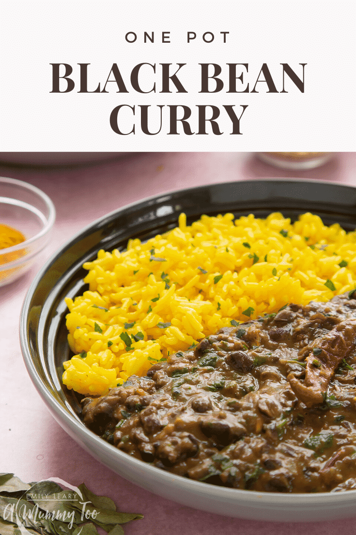 A grey shallow bowl containing black bean curry and yellow rice. Caption reads: one-pot black bean curry.