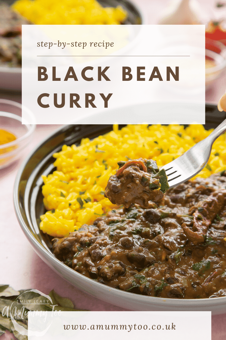 Black bean curry served to a shallow grey bowl with yellow rice. A fork reaches in. Caption reads: step-by-step recipe black bean curry