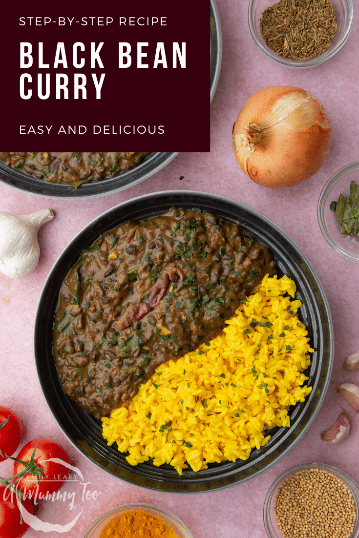 Black bean curry served to a shallow grey bowl with yellow rice. Caption reads: step-by-step recipe black bean curry easy and delicious