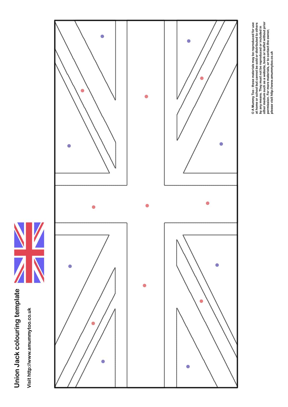Union jack print out with dots to show where the colours are meant to go.