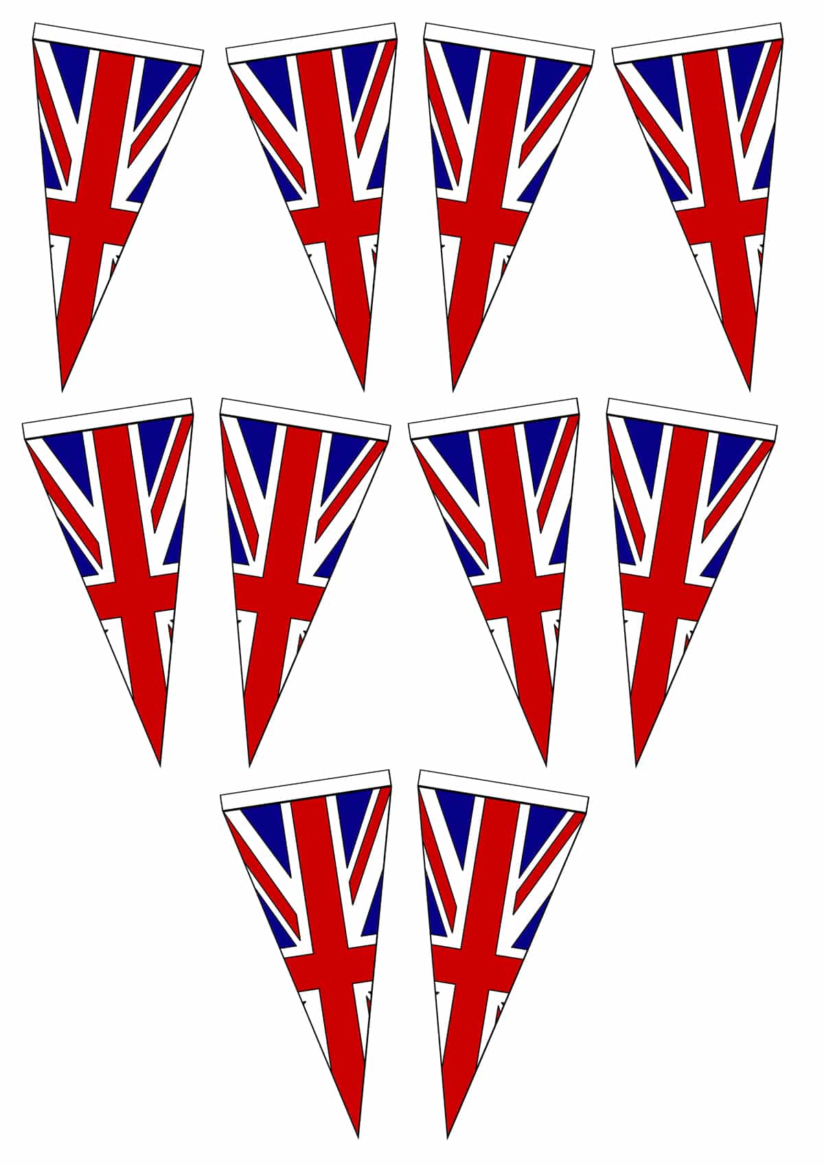 printed coloured sheet of union jack bunting being coloured in cut out and shown as individual pieces