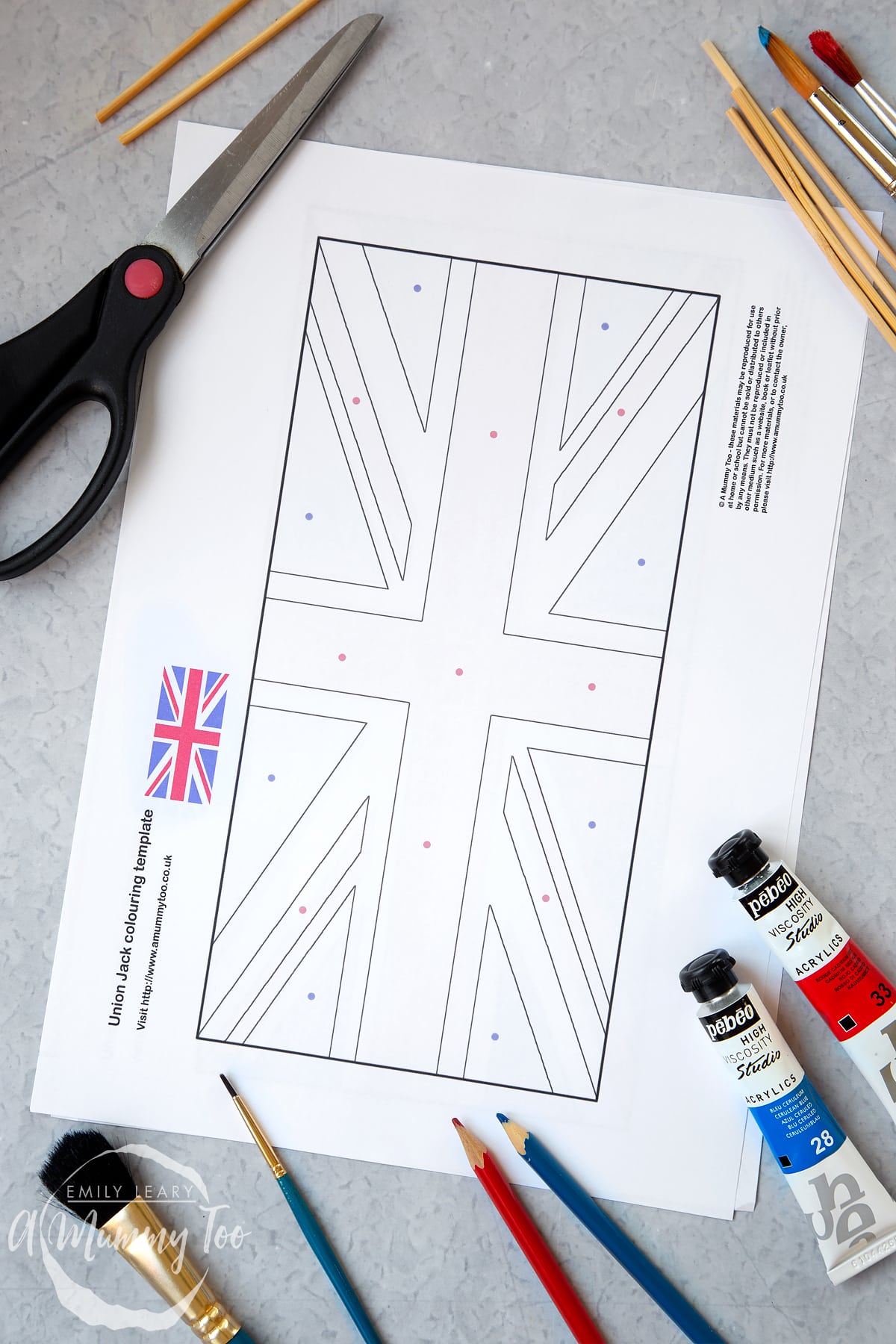 printed Union jack print out with dots to show where the colours are meant to go.