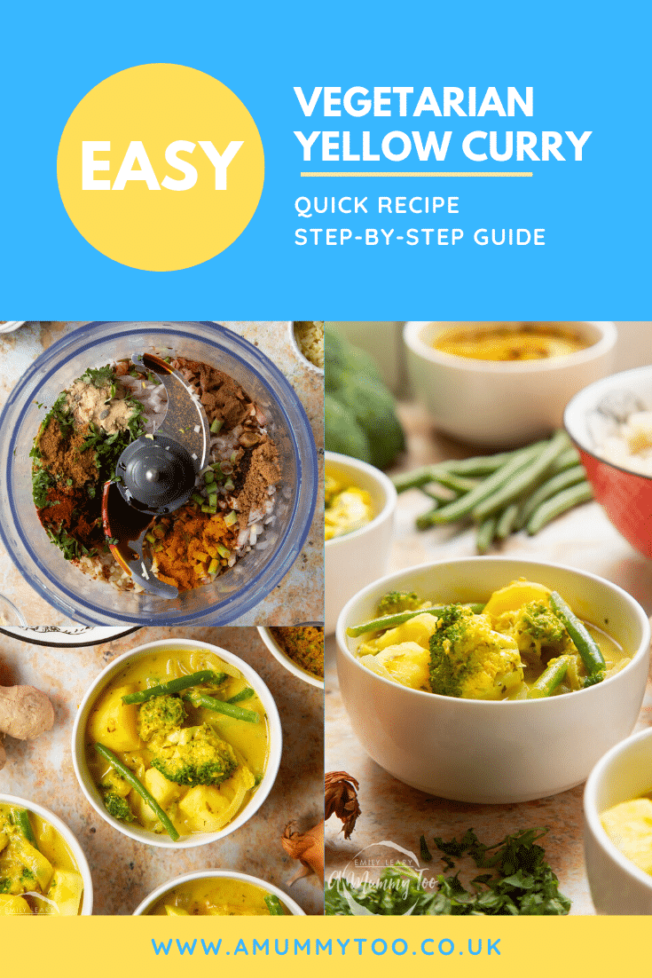 A collage of images showing the making of vegetarian yellow curry. Caption reads: easy vegetarian yellow curry quick recipe step-by-step-guide