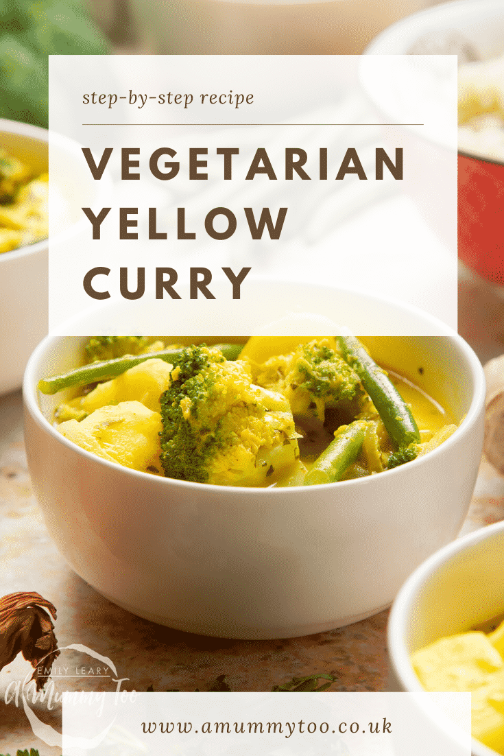 Vegetarian yellow curry served to small white bowls. Caption reads: step-by-step recipe vegetarian yellow curry