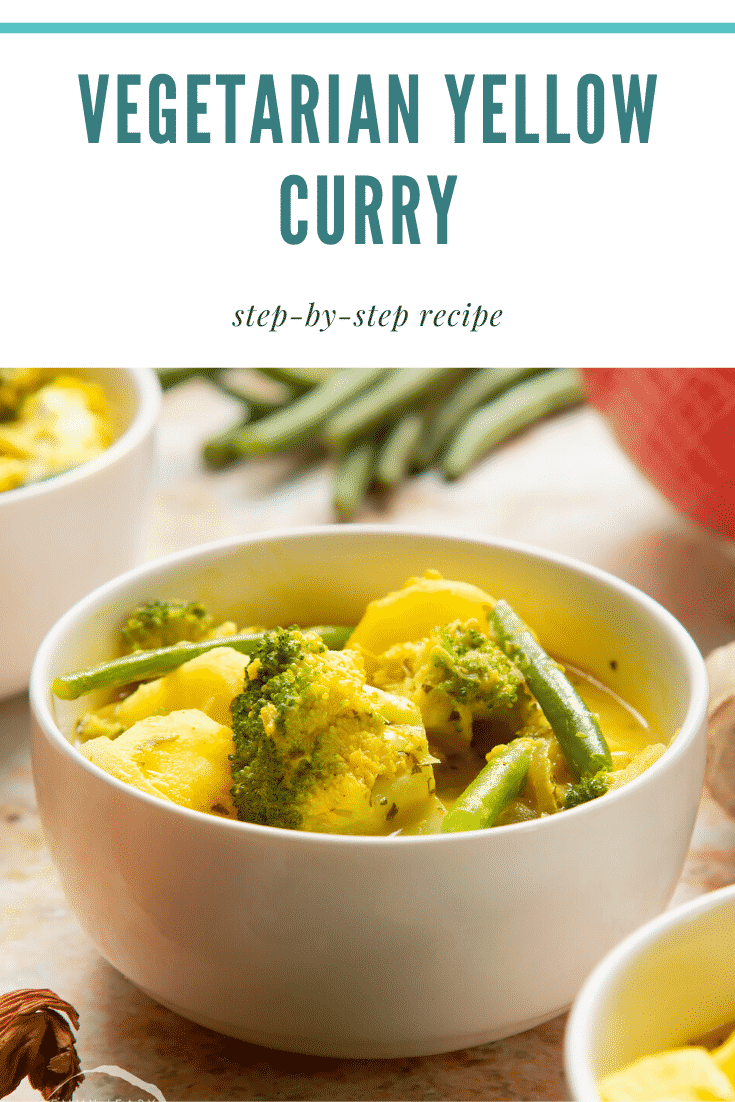 Vegetarian yellow curry served to small white bowls. Caption reads: vegetarian yellow curry step-by-step recipe