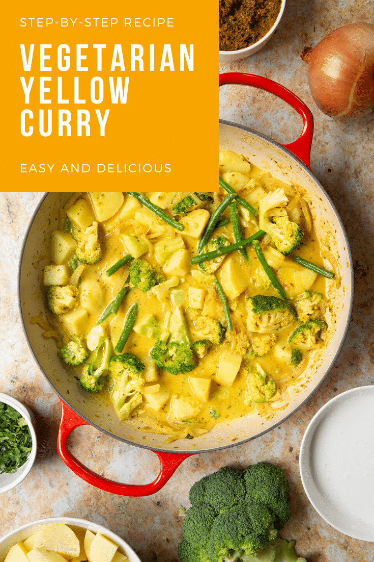 Vegetarian yellow curry in a large pan. Caption reads: step-by-step recipe vegetarian yellow curry easy and delicious