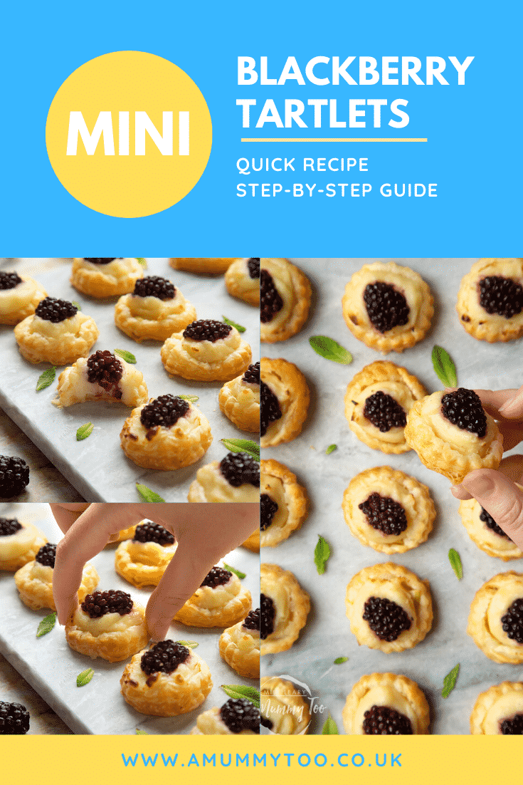 A collage of images showing blackberry tartlets comprised of a small puff pastry disc topped with sliced apple, pastry cream and a blackberry on a marble board. Caption reads: mini blackberry tartlets, quick recipe, step-by-step guide