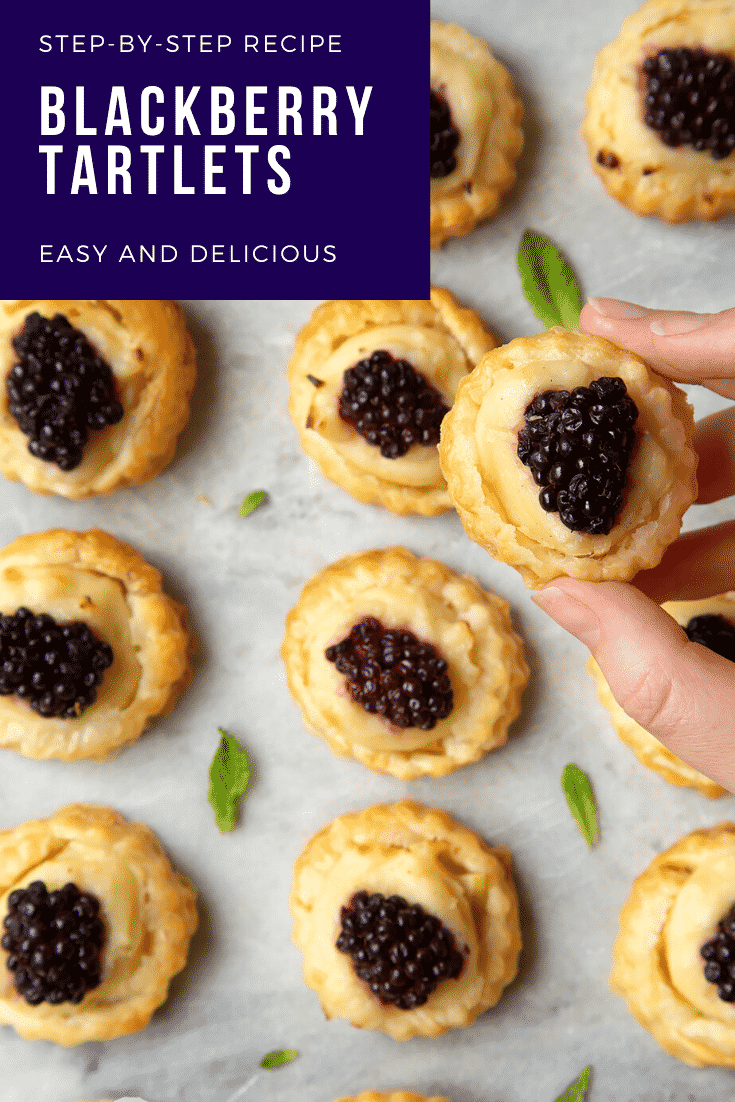 Blackberry tartlets on a marble board with tiny mint leaves scattered around them. A hand holds one of the tarts. Caption reads: step-by-step recipe blackberry, tartlets easy and delicious.