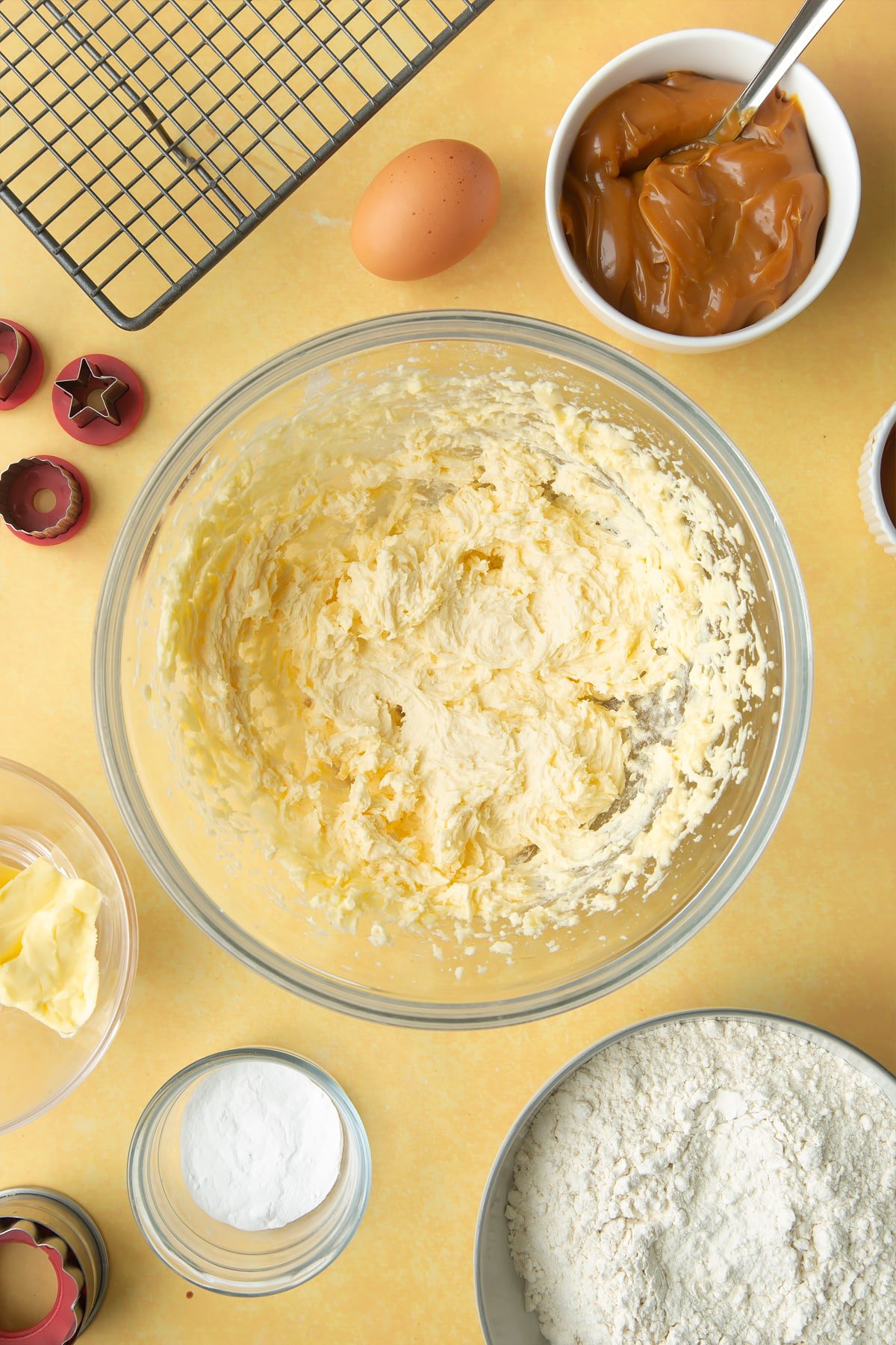 Overhead shot of mixed butter in a mixing bowl