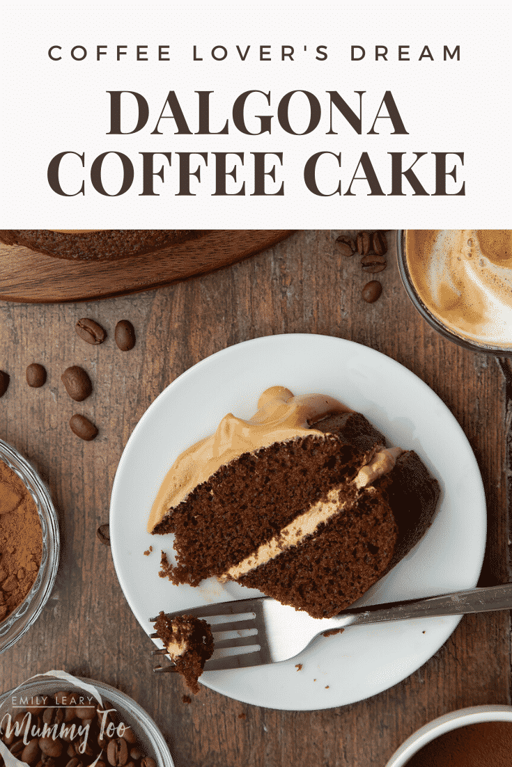 A slice of dalgona coffee cake on a white plate with a fork. Caption reads: coffee lover's dream dalgona coffee cake