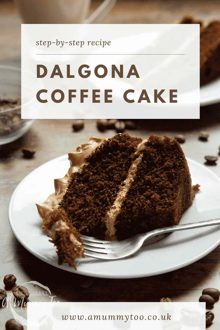 A slice of dalgona coffee cake on a white plate with a fork. Caption reads: step-by-step recipe dalgona coffee cake