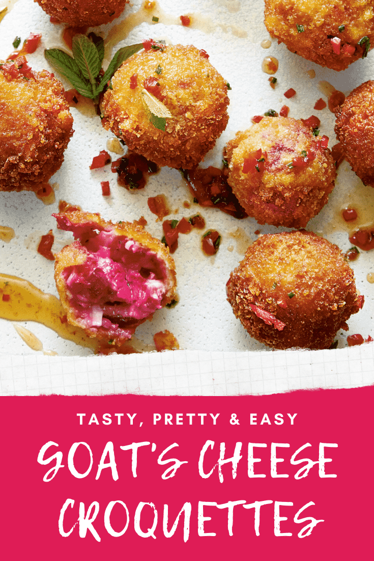 Goat's cheese croquettes on a large white plate. Caption reads: tasty, pretty & easy goat's cheese croquettes