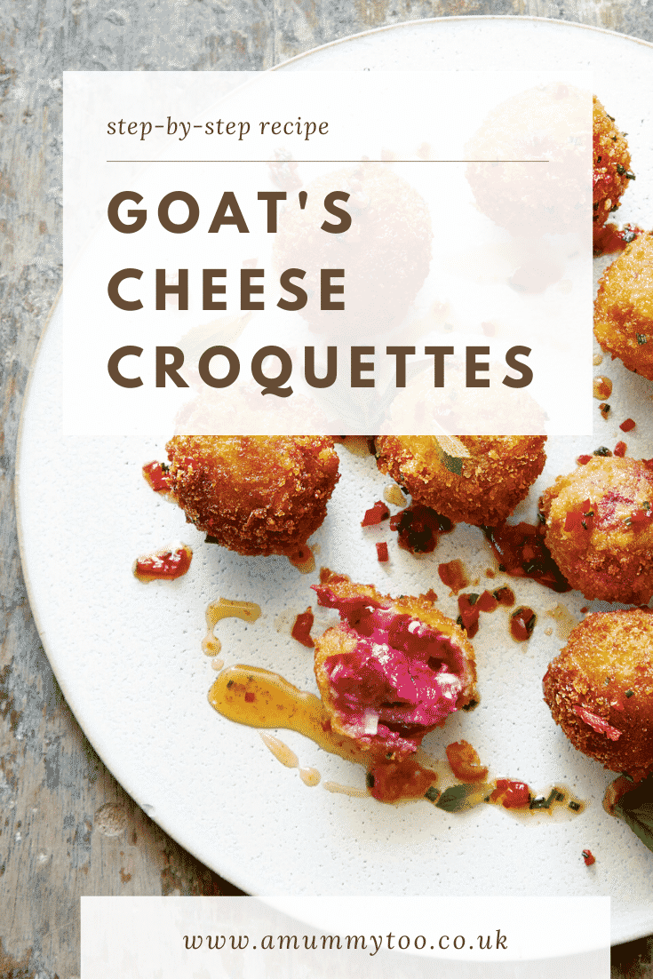 Goat's cheese croquettes on a large white plate. Caption reads: step-by-step recipe goat's cheese croquettes