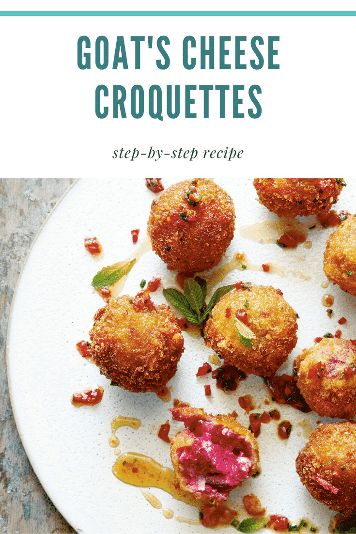 Goat's cheese croquettes on a large white plate. Caption reads: goat's cheese croquettes step-by-step recipe