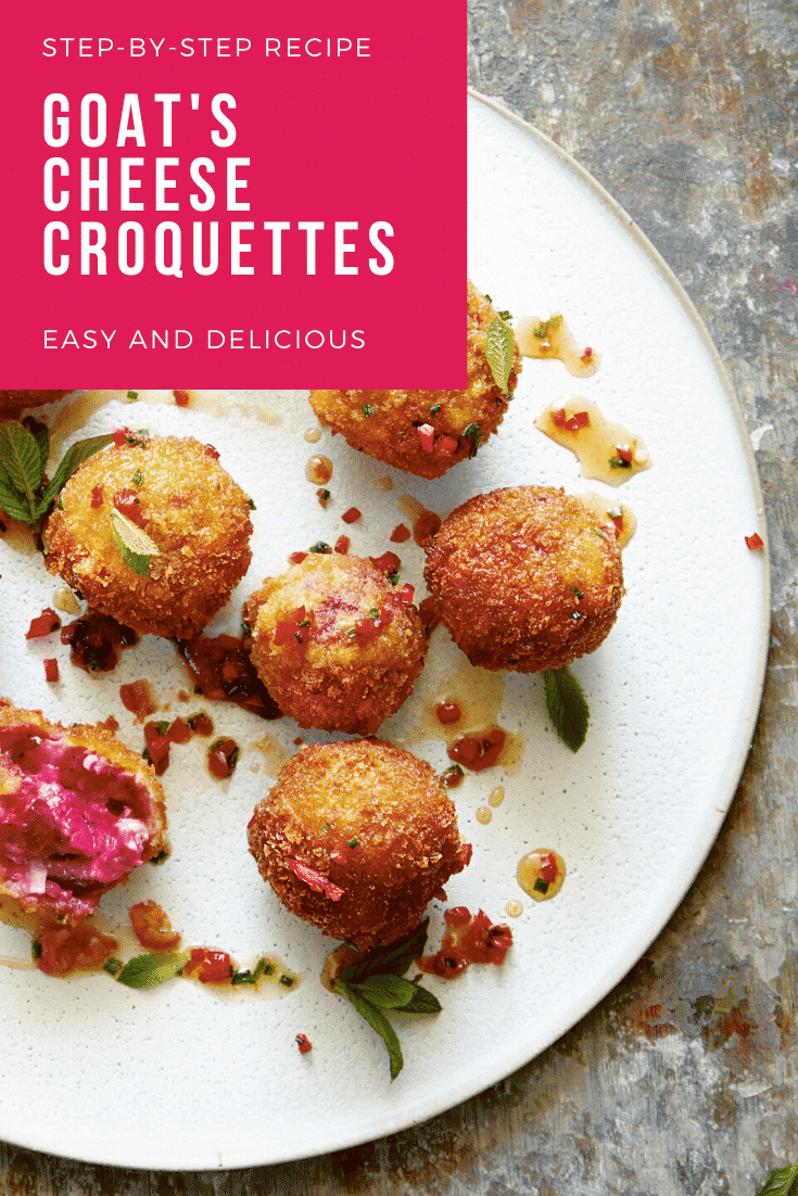 Goat's cheese croquettes on a large white plate. Caption reads: step-by-step recipe goat's cheese croquettes easy and delicious