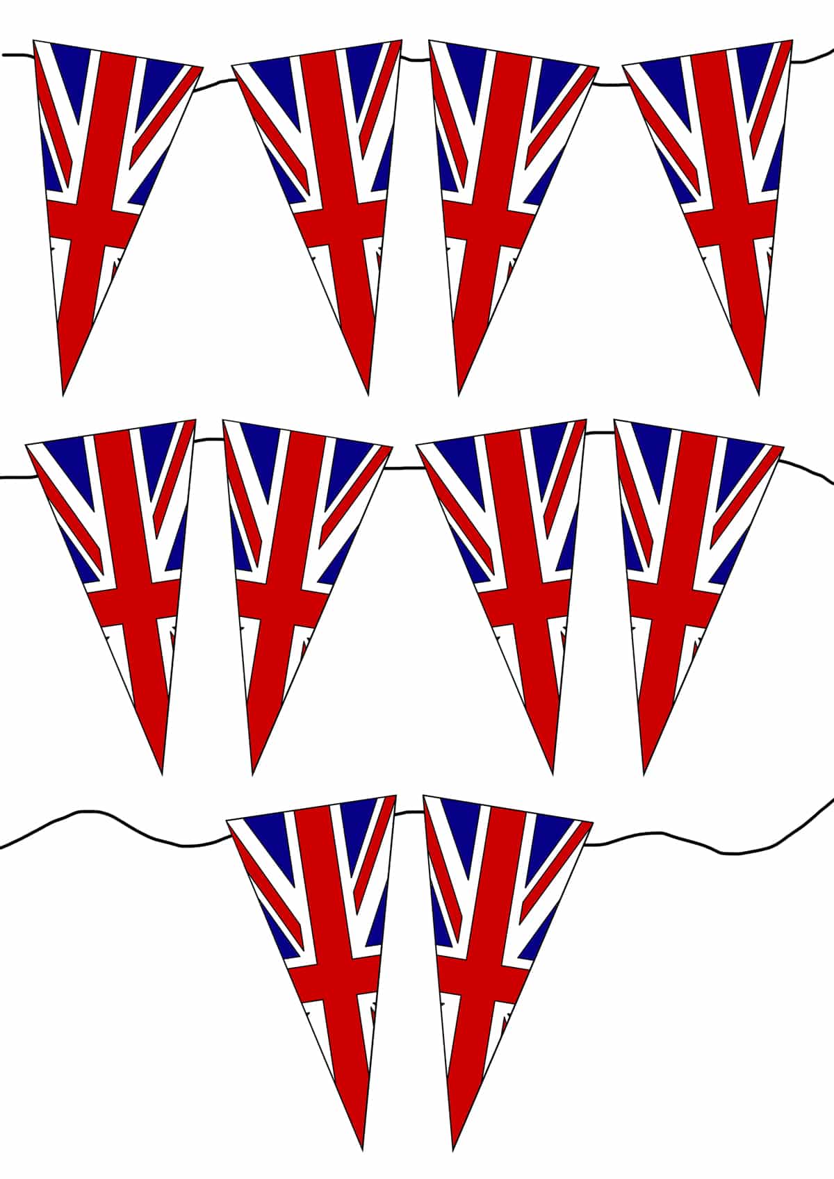 printed coloured sheet of union jack bunting being coloured in cut out and shown as individual pieces with string connecting them.