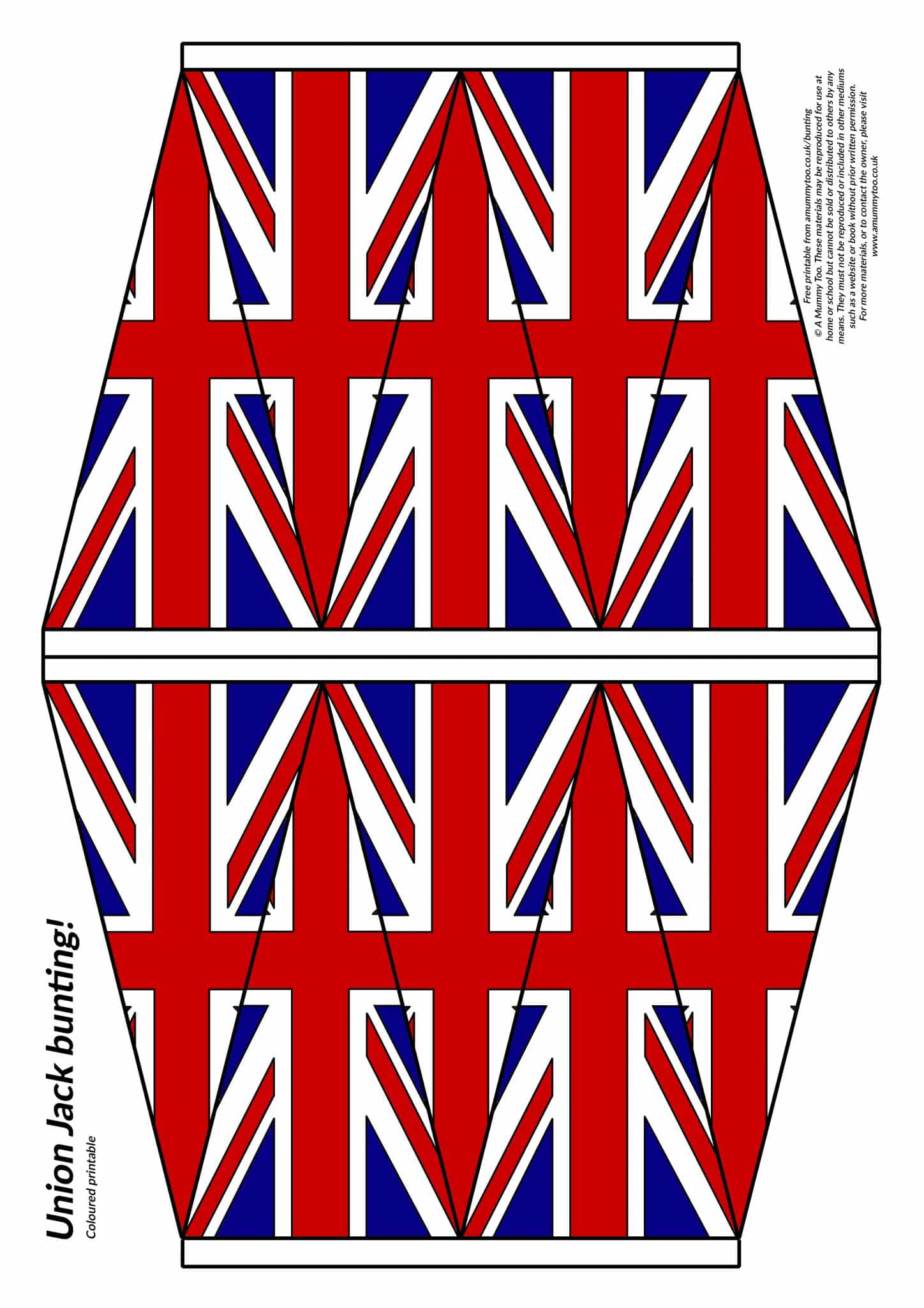 Printable Union Jack bunting - 10 bunting flags arranged on a sheet of A4 paper, coloured in and ready to print. 