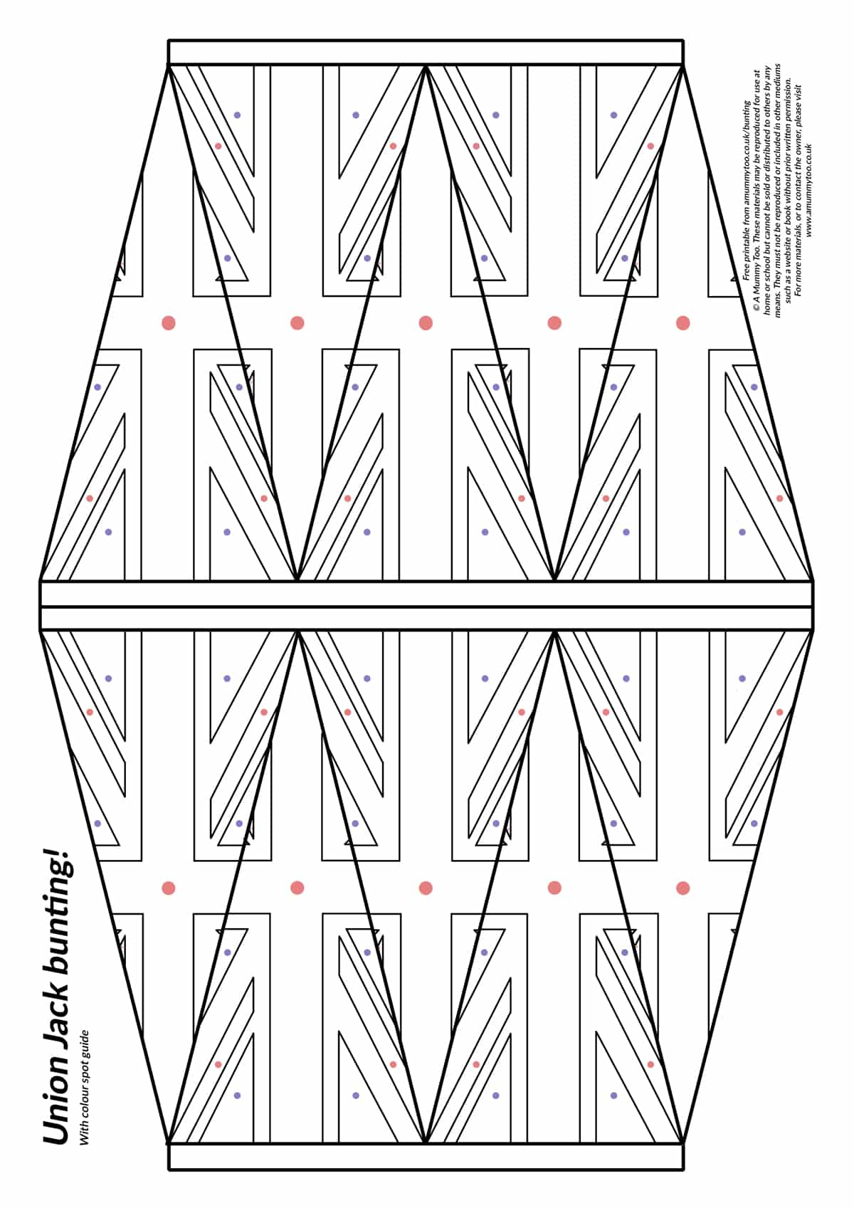 rinted black and white sheet of union jack bunting with coloured dots to signal where the colours go.