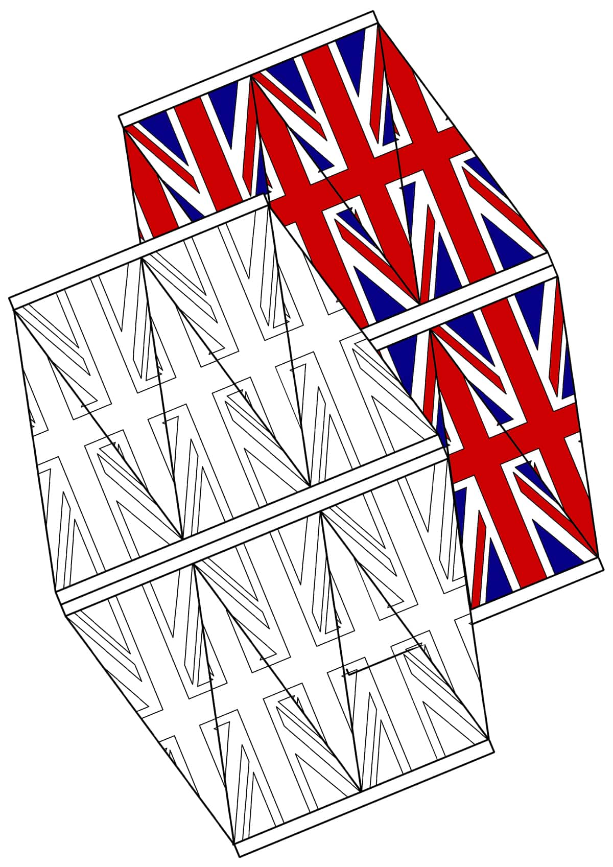 Printable Union Jack bunting - 10 bunting flags arranged on a sheet of A4 paper, ready to print and colour in, one coloured in for show.