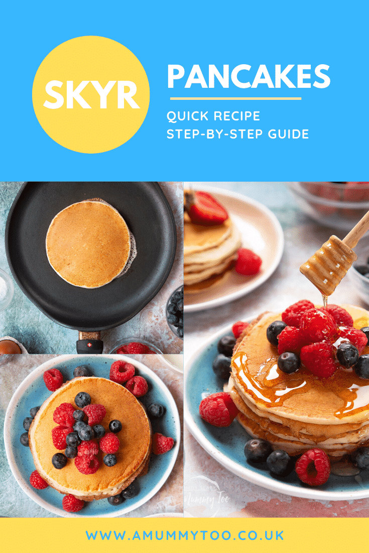 Collage of images showing skyr pancakes served with berries and honey. Caption reads: skyr pancakes quick recipe step-by-step recipe