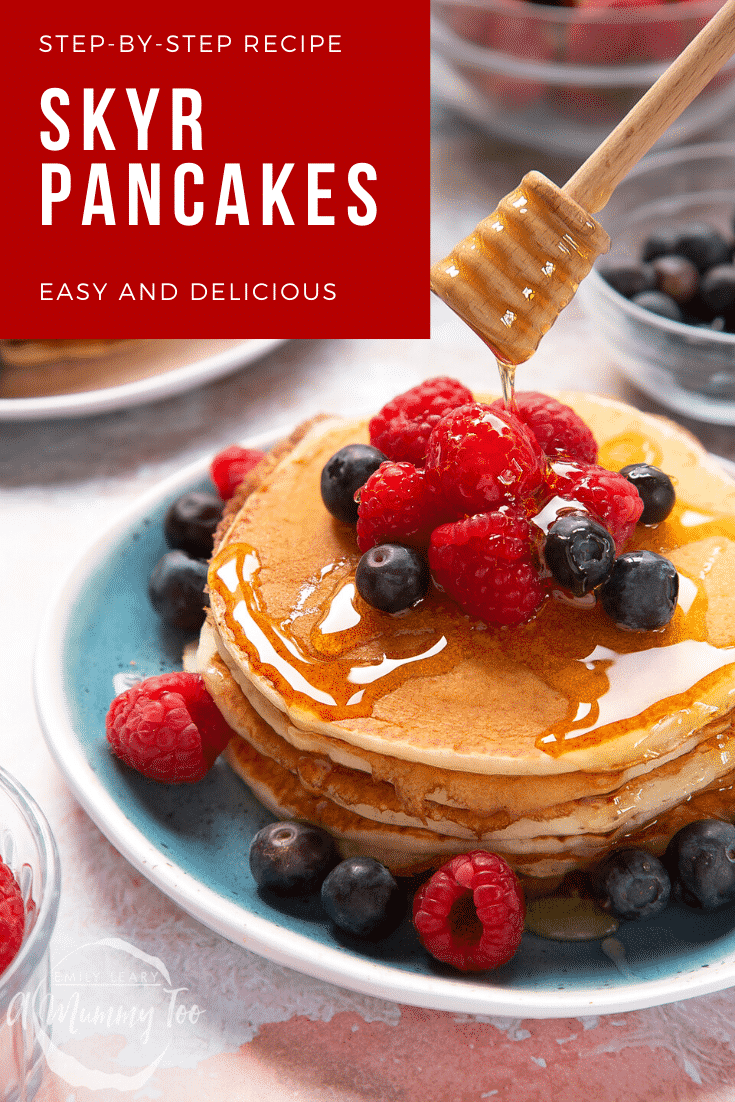 Skyr pancakes served with berries and honey. Caption reads: step-by-step recipe skyr pancakes easy and delicious