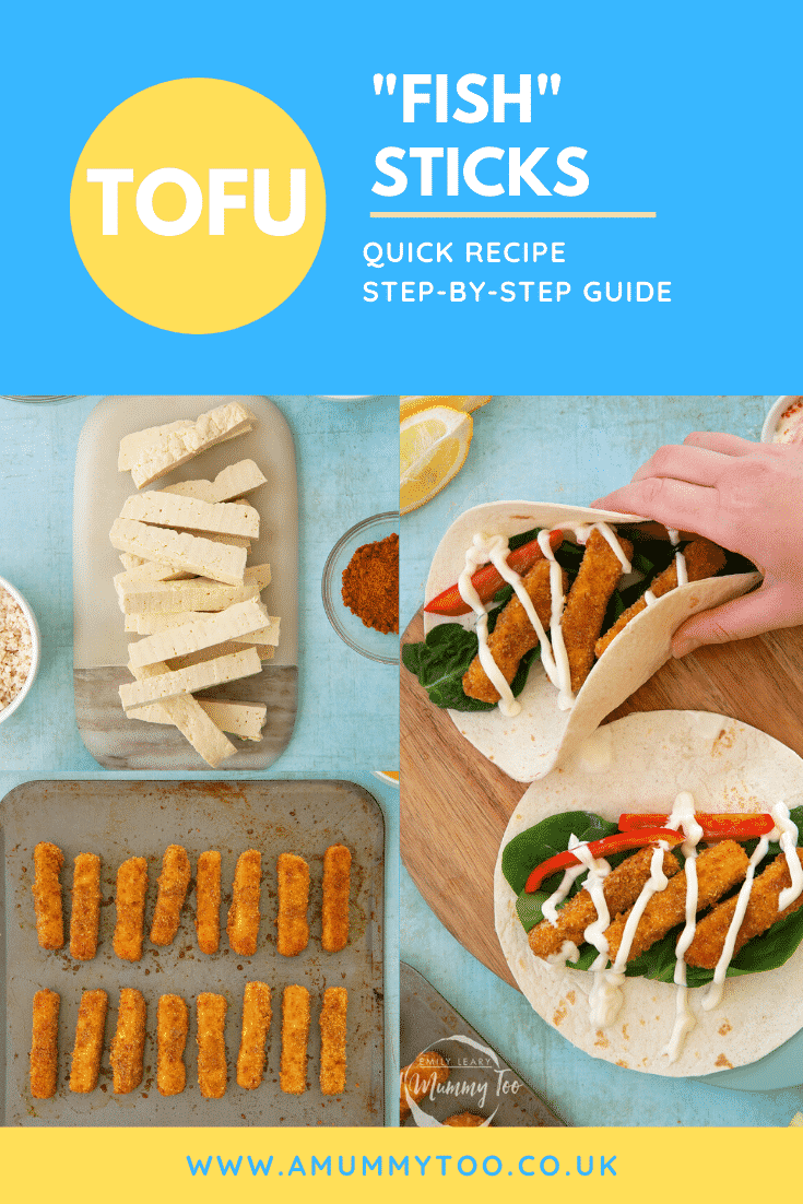 Collage of images showing the making and serving of tofu fingers. Caption reads: tofu "fish" sticks quick recipe step-by-step guide
