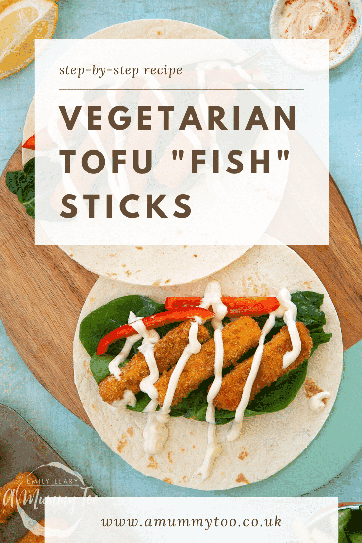 Flour tortillas filled with tofu fish sticks, salad and mayo on a wooden board. Caption reads: step-by-step recipe vegetarian tofu "fish" sticks