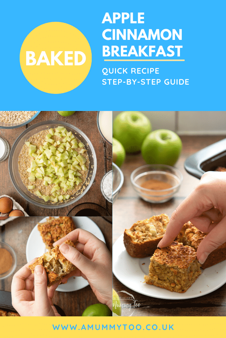 A collage of images showing the making of a porridge squares. Caption reads: baked apple cinnamon breakfast quick recipe step-by-step guide