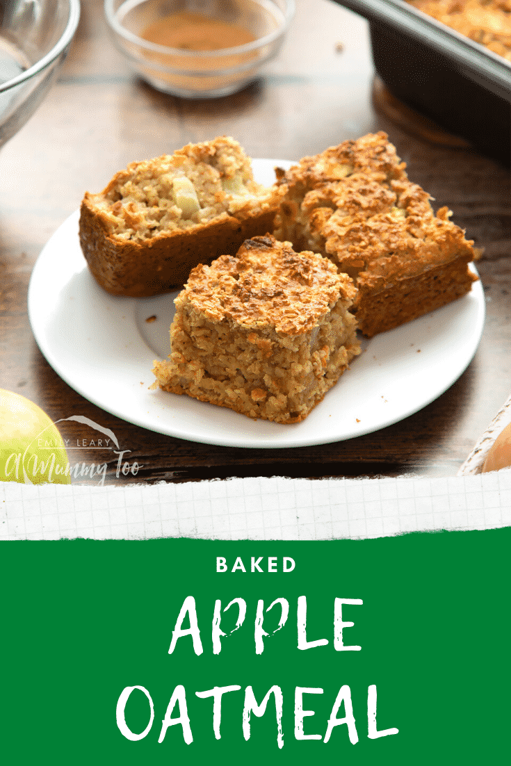 A white plate with baked porridge squares. Caption reads: baked apple oatmeal