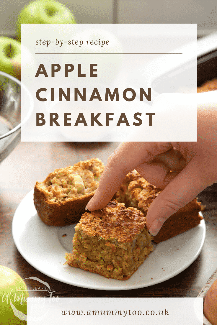 Hand picking up a square of a baked porridge squares. Caption reads: step-by-step recipe apple cinnamon oatmeal