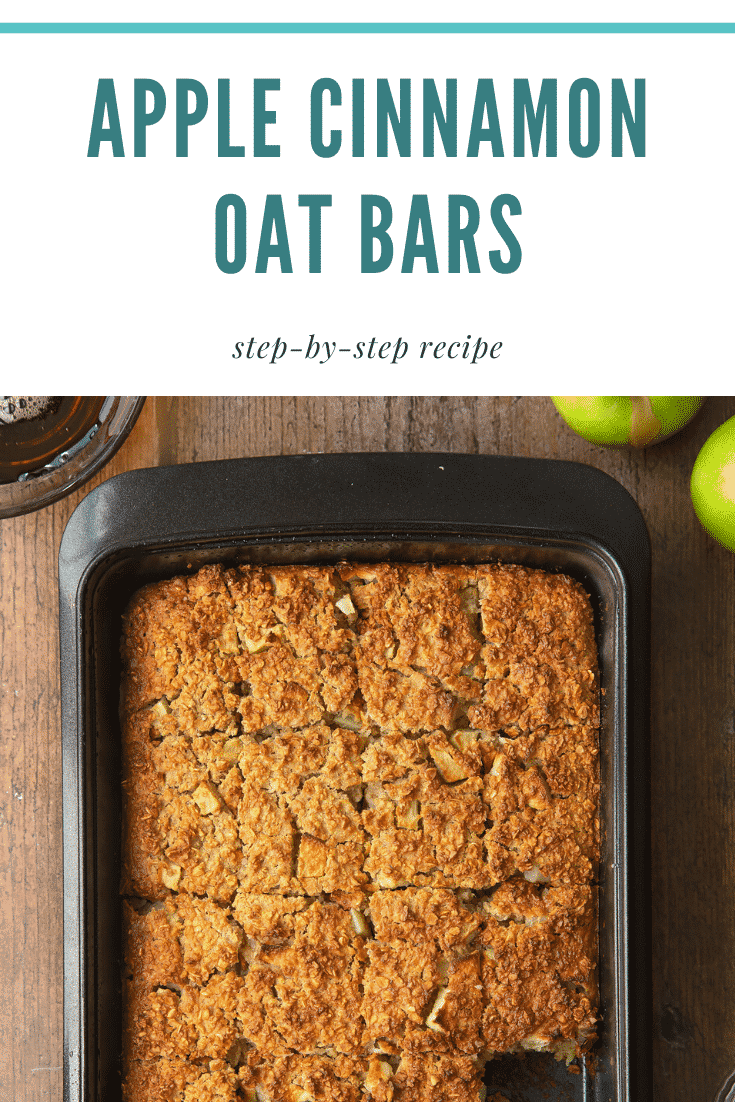 Tray of freshly baked porridge squares. Caption reads: apple cinnamon oatmeal step-by-step recipe