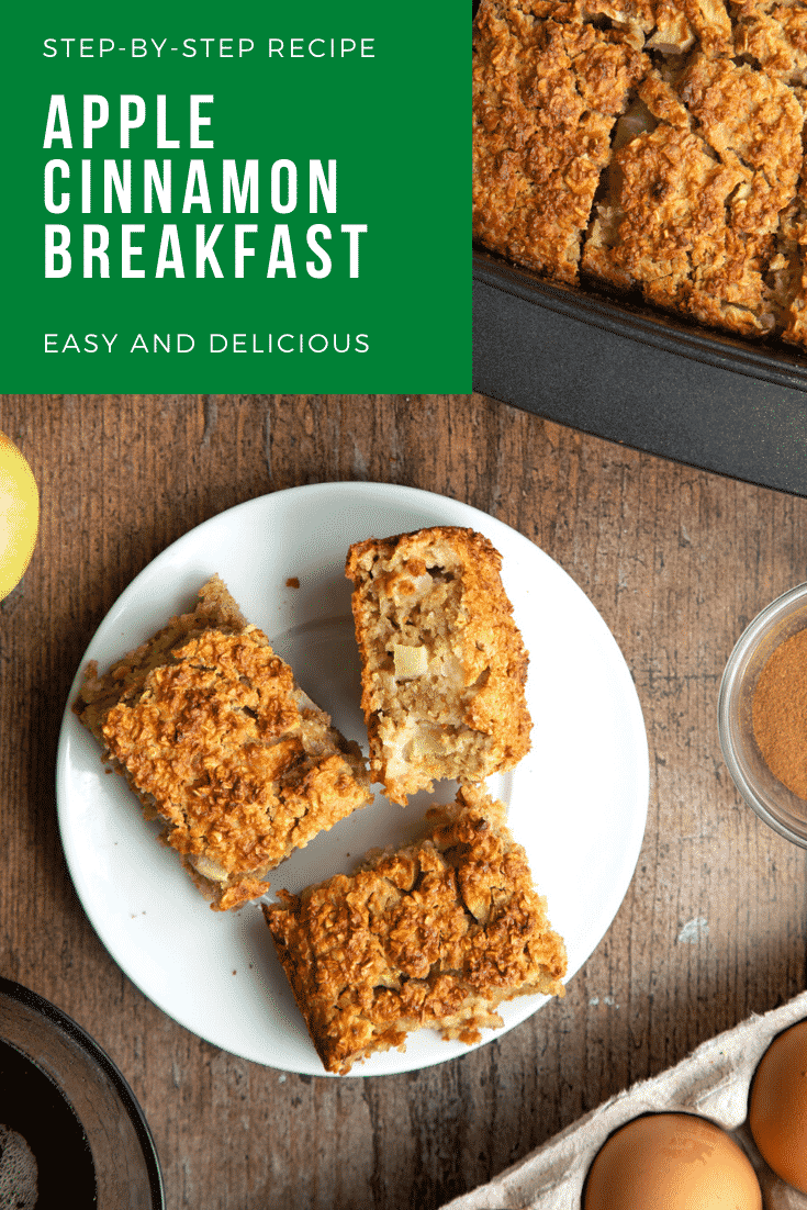 A white plate with baked porridge squares. Caption reads: step-by-step recipe apple cinnamon breakfast easy and delicious