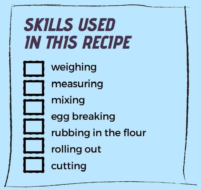 Graphic with text: Skills used in this recipes - weighing, measuring, mixing, egg breaking, rubbing in the flour, rolling out, cutting