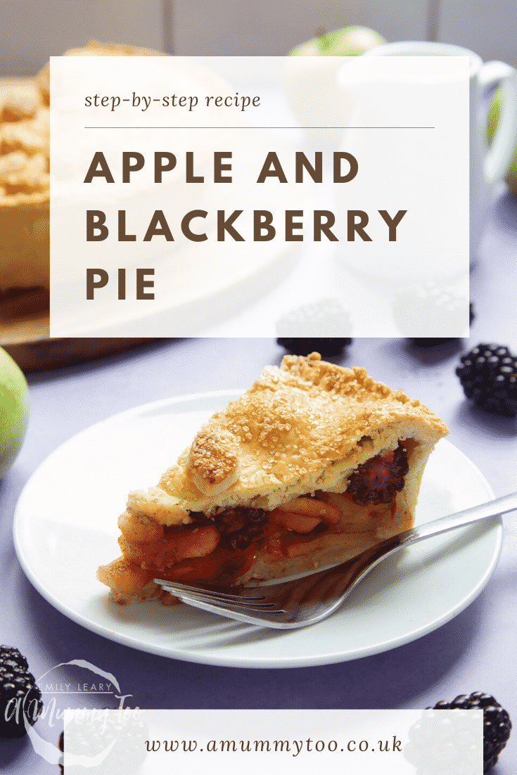 A slice of apple and blackberry pie on a white plate with a fork. Caption reads: step-by-step recipe apple & blackberry pie