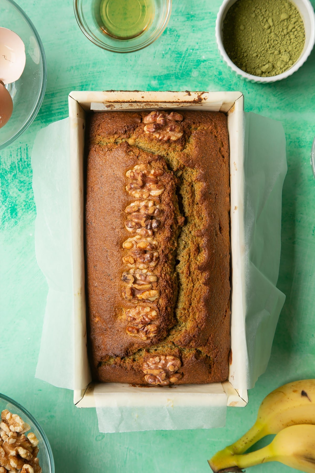 Matcha banana cake having been in the oven.