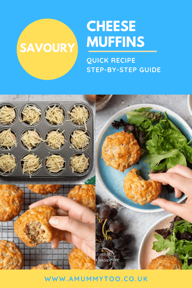 Collage of images showing the making of easy cheese muffins. Caption reads: savoury cheese muffins quick recipe step-by-step guide