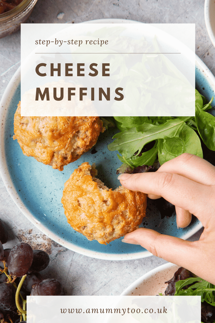 Easy cheese muffins on a plate with salad. A hand reaches for one. Caption reads: step-by-step recipe cheese muffins