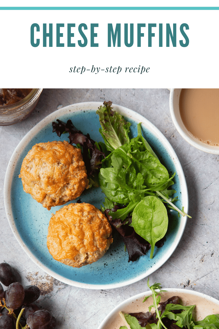 Easy cheese muffins on a plate with salad. Caption reads: cheese muffins step-by-step recipe