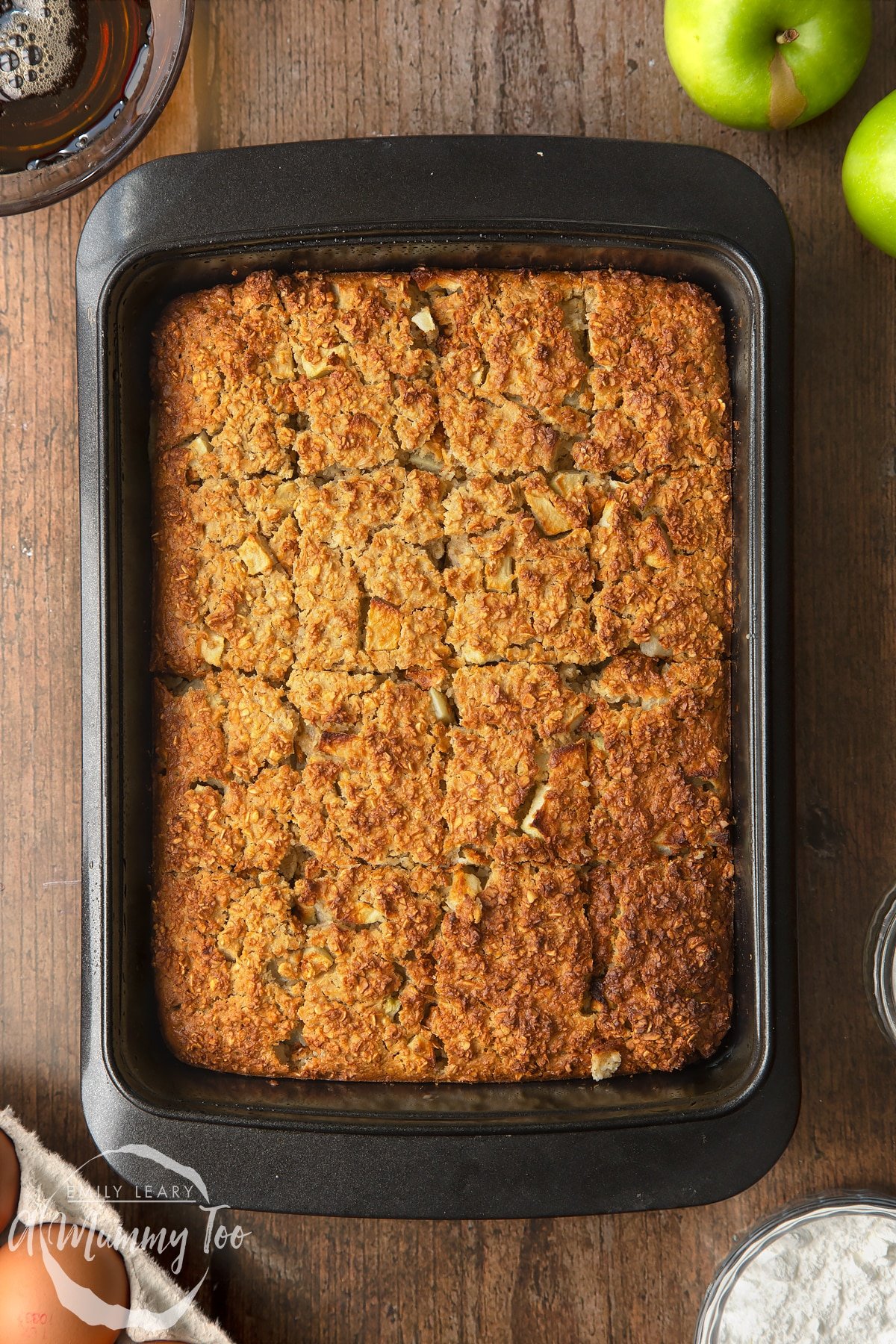 Freshly baked porridge squares cut into 16 pieces.