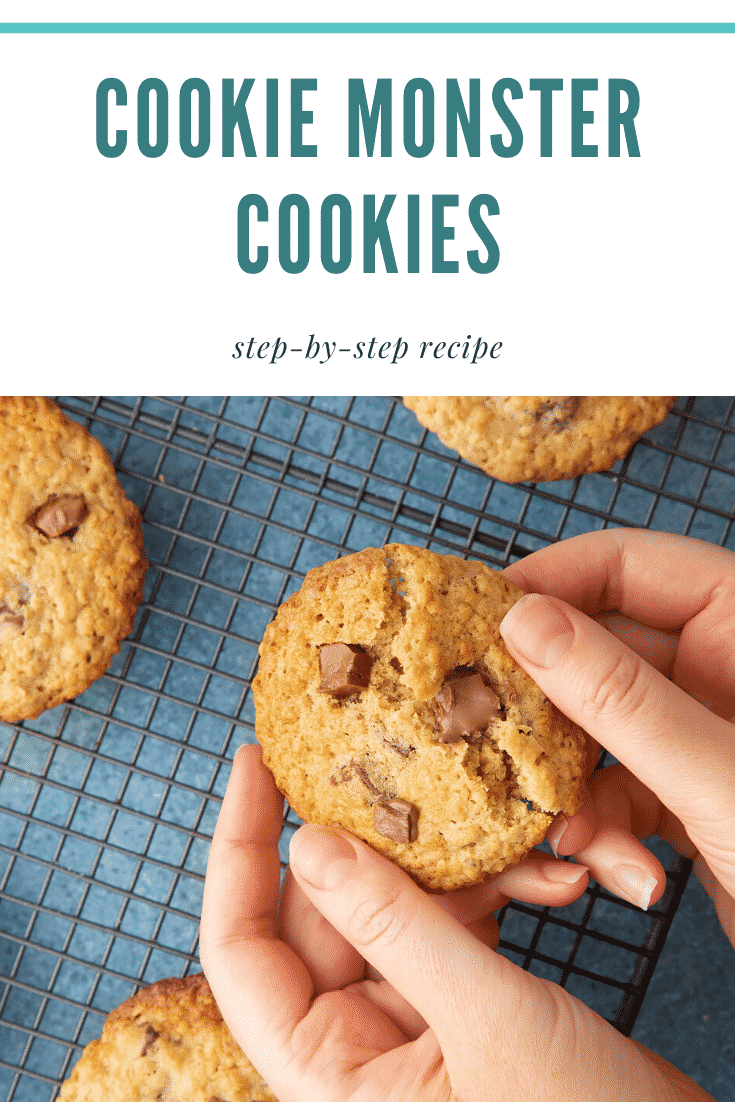 Hands breaking open a cookie monster cookie. Caption reads: cookie monster cookies step-by-step recipe