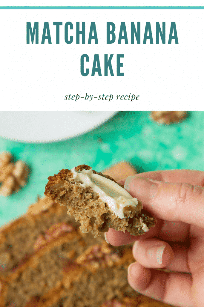 Hand holding a piece of banana matcha cake with some text at the top of the image describing it for Pinterest. 