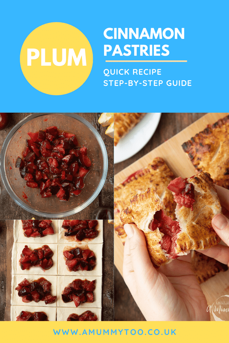 A collage showing the making of a plum pastry recipe. Caption reads: plum cinnamon pastries quick recipe step-by-step guide