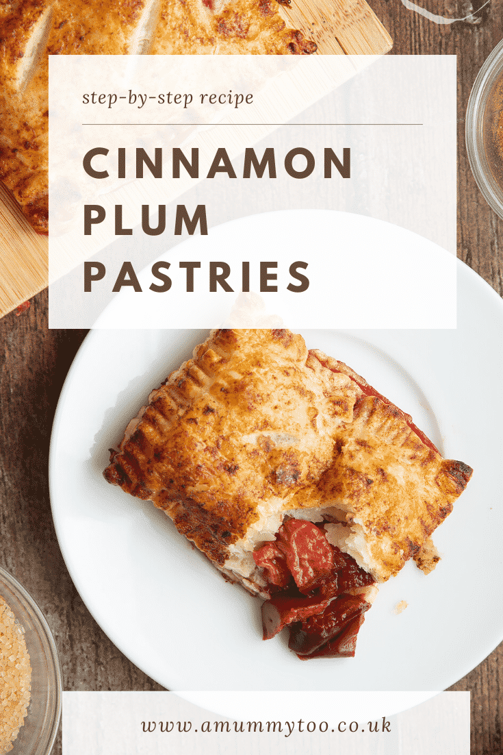 A plum pastry on a white plate. Caption reads: step-by-step recipe cinnamon plum pastries 