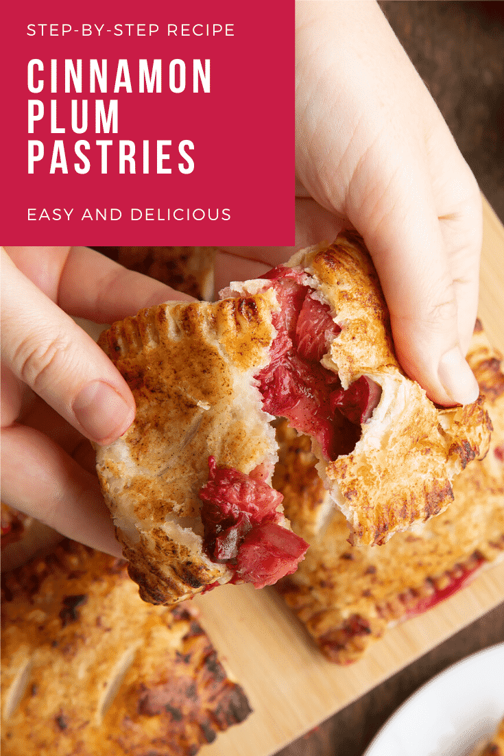 Hands tearing a plum pastry open. Caption reads: step-by-step recipe cinnamon plum pastries easy and delicious
