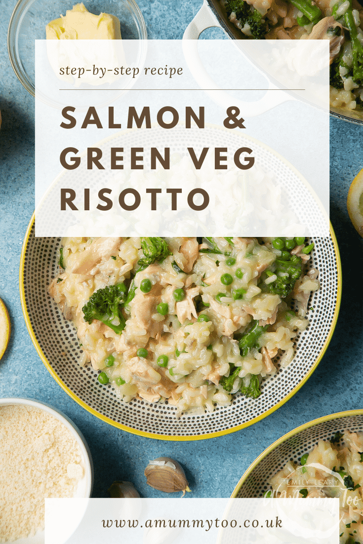 Salmon risotto in a spotted bowl with a yellow rim. Caption reads: step-by-step recipe salmon & green veg risotto