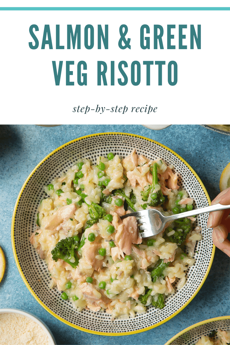 Salmon risotto in a spotted bowl with a yellow rim. A hand holding a fork takes a piece of salmon. Caption reads: salmon & green veg risotto step-by-step recipe