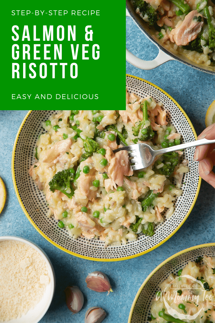 Salmon risotto in a spotted bowl with a yellow rim. A hand holding a fork takes a piece of salmon. Caption reads: step-by-step recipe salmon & green veg risotto easy and delicious