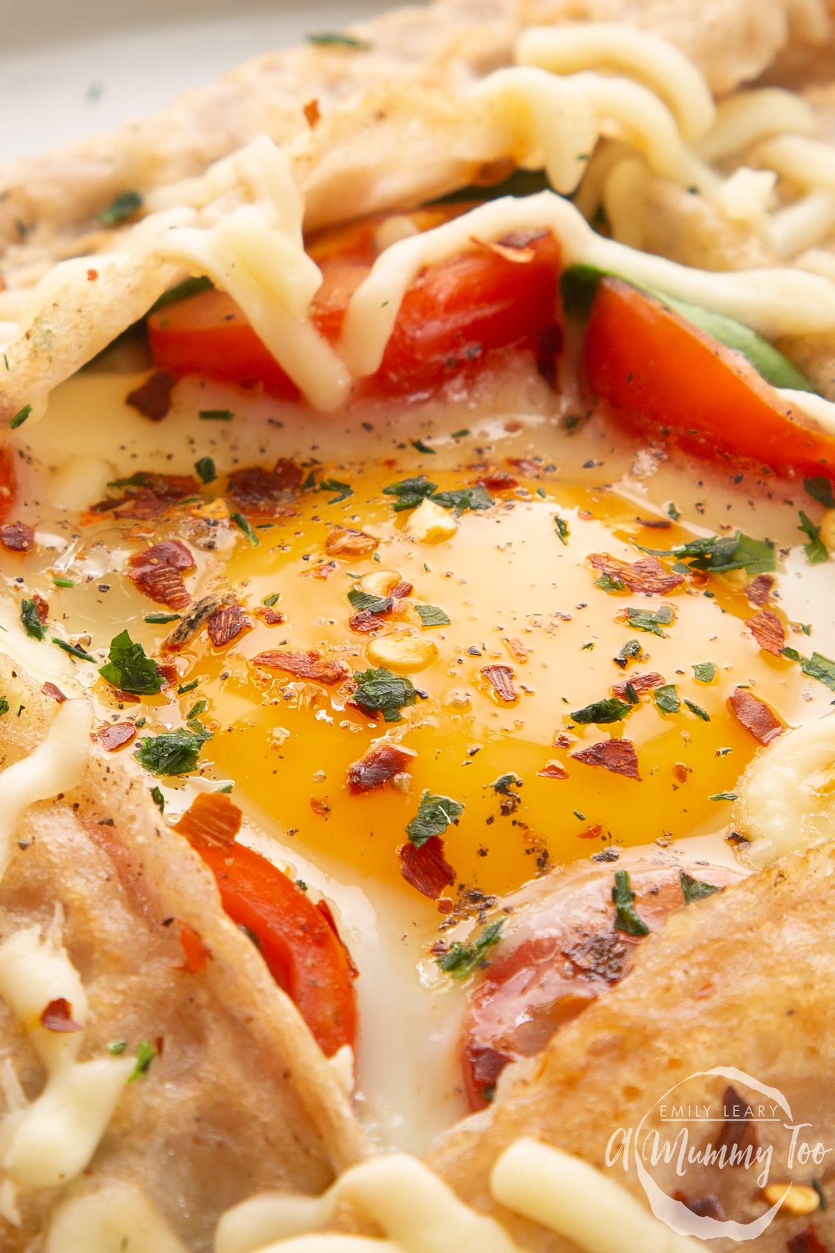 Close up on the yolk in a buckwheat galette filled with spinach, tomatoes, cheese and a lightly cooked egg. 