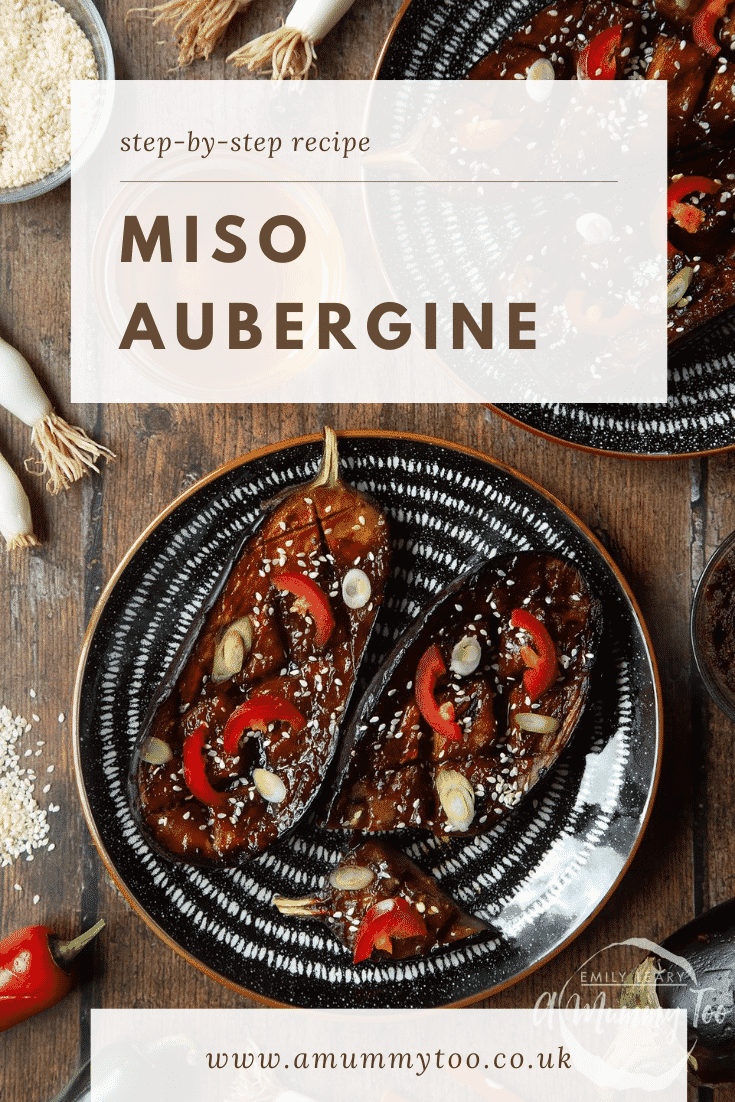 Two slices of miso aubergine on a plate, topped with chilli, springs onions and sesame seeds. Caption reads: step-by-step recipe miso aubergine