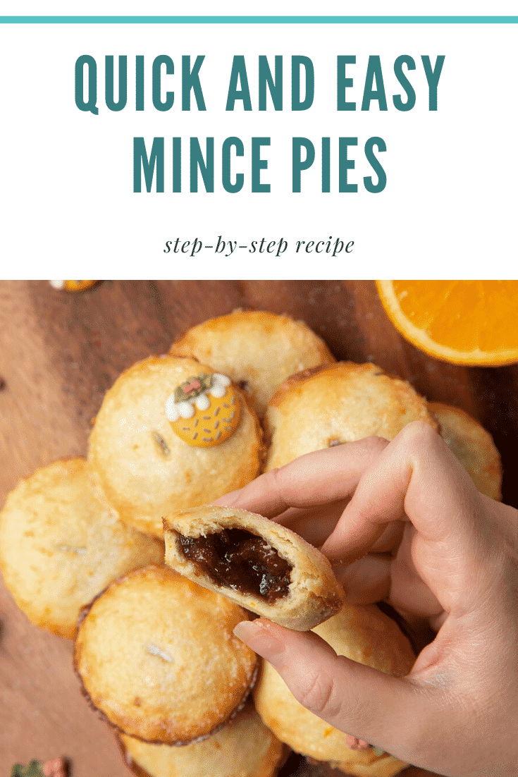 Pile of mince pies on a wooden board. A hand holds the top one, which has a bite out of it. Caption reads: Quick and easy mince pies. Step-by-step recipe.
